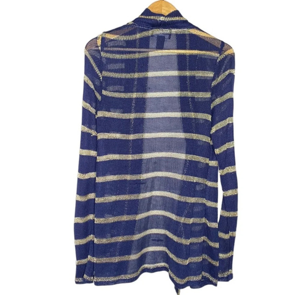 Frank Lyman Design Navy Blue Gold Striped Open Knit Cardigan Women's Size 12 - Picture 6 of 7